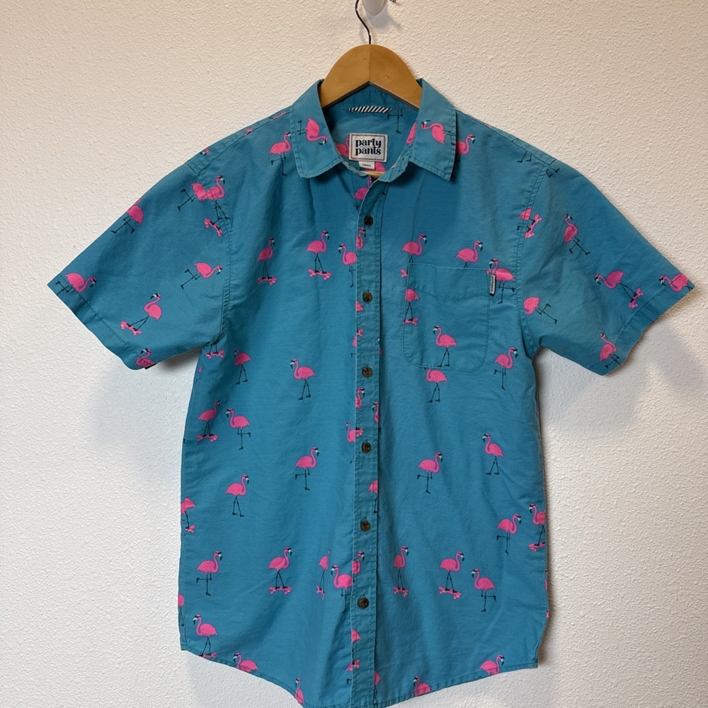 NWT Party Pants Pink Flamingo Mens‎ Short Sleeve Button Down Shirt Sz S